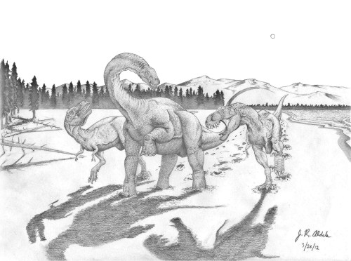Tyrannosaurus pair attacking Alamosaurus